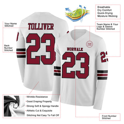 Custom White Crimson-Black Long Sleeve Authentic Football Jersey