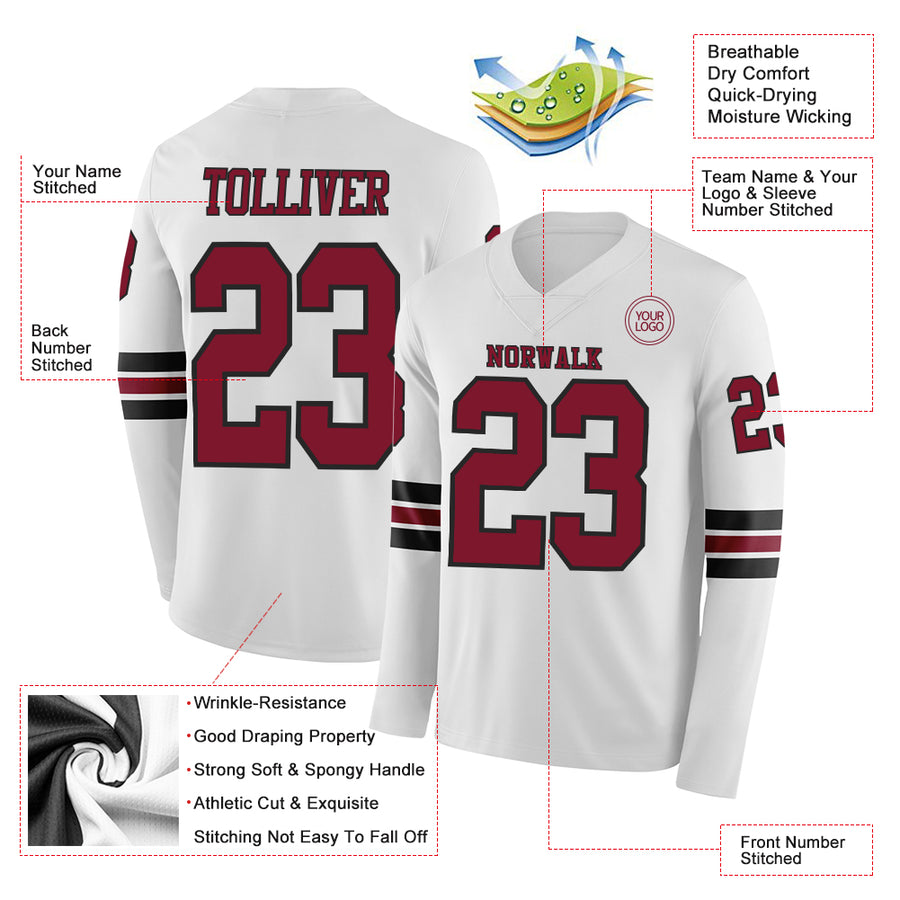 Custom White Crimson-Black Long Sleeve Authentic Football Jersey