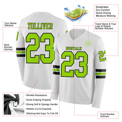 Custom White Neon Green-Black Long Sleeve Authentic Football Jersey