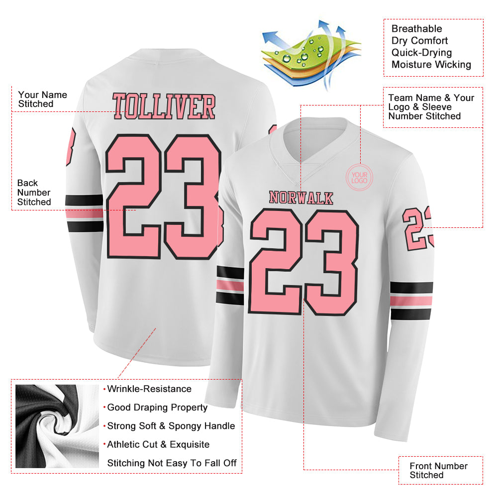 Custom White Medium Pink-Black Long Sleeve Authentic Football Jersey