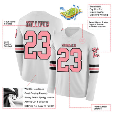 Custom White Medium Pink-Black Long Sleeve Authentic Football Jersey