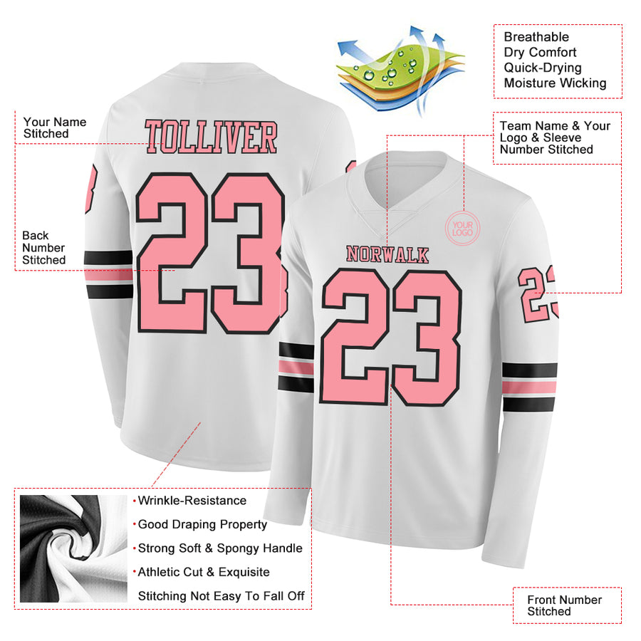 Custom White Medium Pink-Black Long Sleeve Authentic Football Jersey