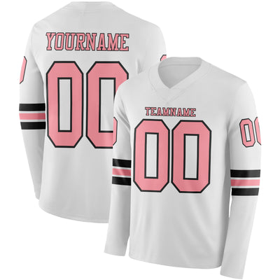 Custom White Medium Pink-Black Long Sleeve Authentic Football Jersey