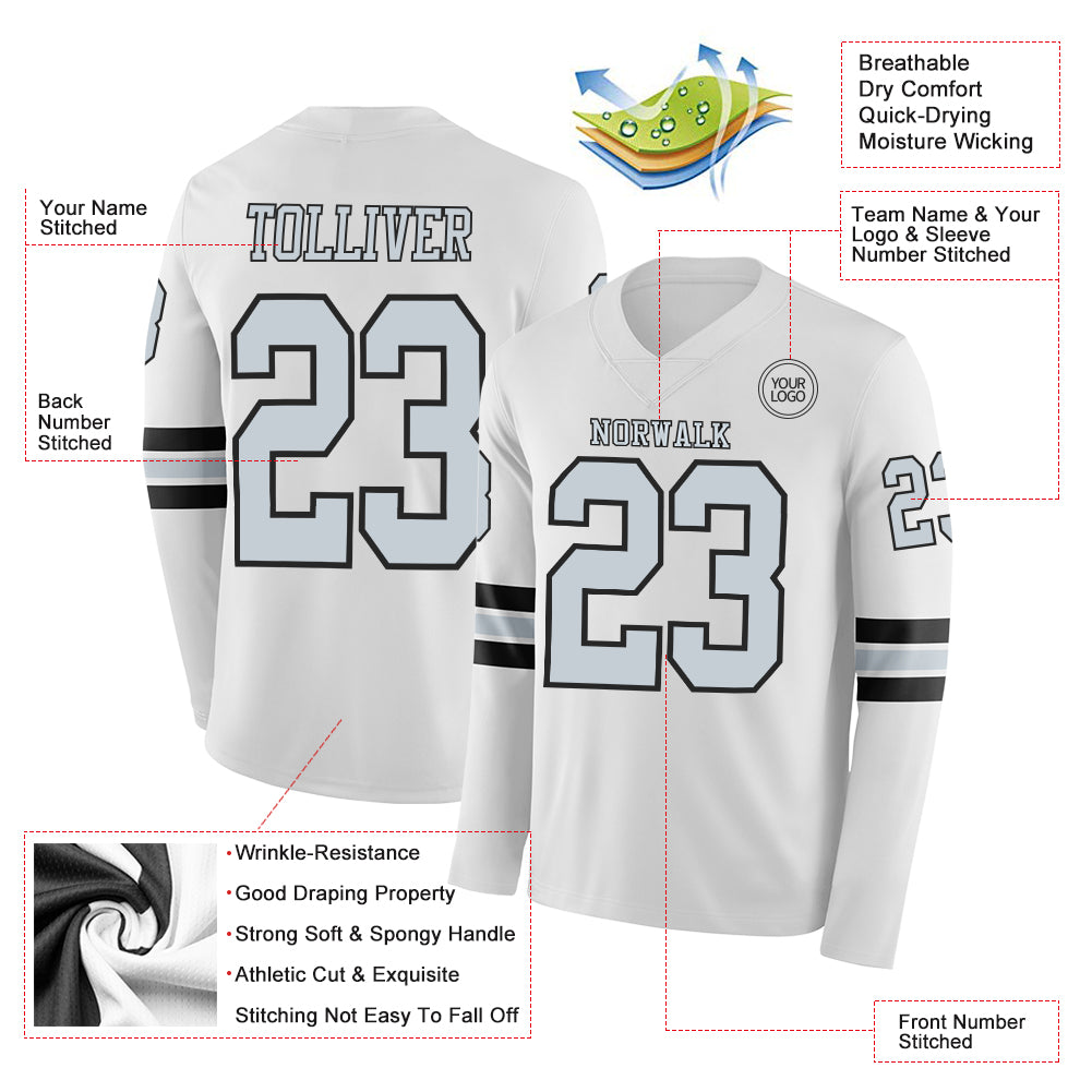 Custom White Silver-Black Long Sleeve Authentic Football Jersey