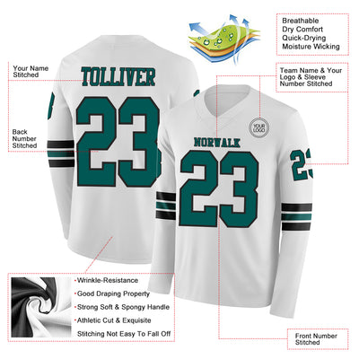 Custom White Midnight Green-Black Long Sleeve Authentic Football Jersey