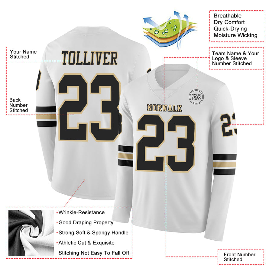 Custom White Black-Vegas Gold Long Sleeve Authentic Football Jersey