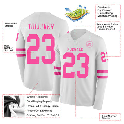 Custom White Pink Long Sleeve Authentic Football Jersey