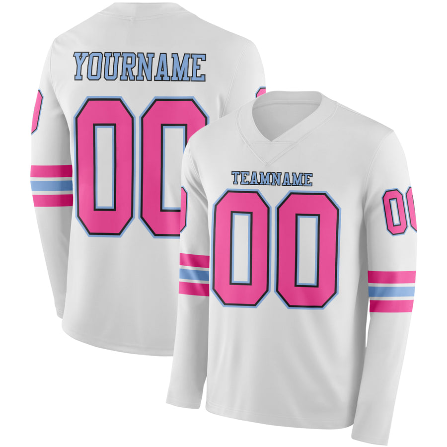 Custom White Pink Black-Light Blue Long Sleeve Authentic Football Jersey