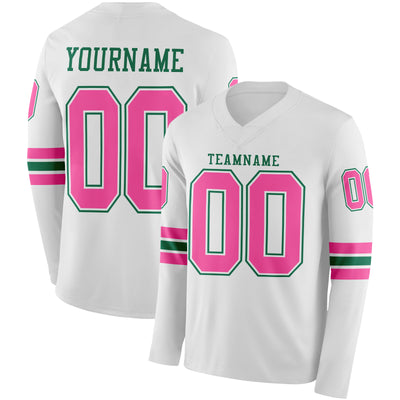 Custom White Pink-Kelly Green Long Sleeve Authentic Football Jersey