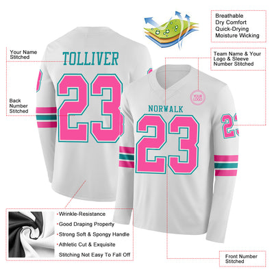 Custom White Pink-Teal Long Sleeve Authentic Football Jersey