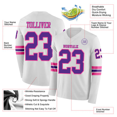 Custom White Purple-Pink Long Sleeve Authentic Football Jersey