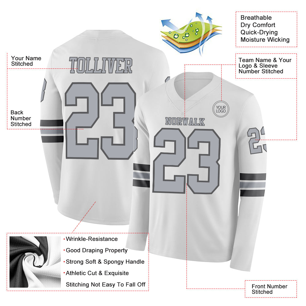 Custom White Gray-Steel Gray Long Sleeve Authentic Football Jersey
