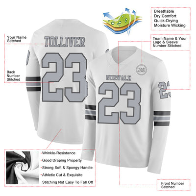 Custom White Gray-Steel Gray Long Sleeve Authentic Football Jersey