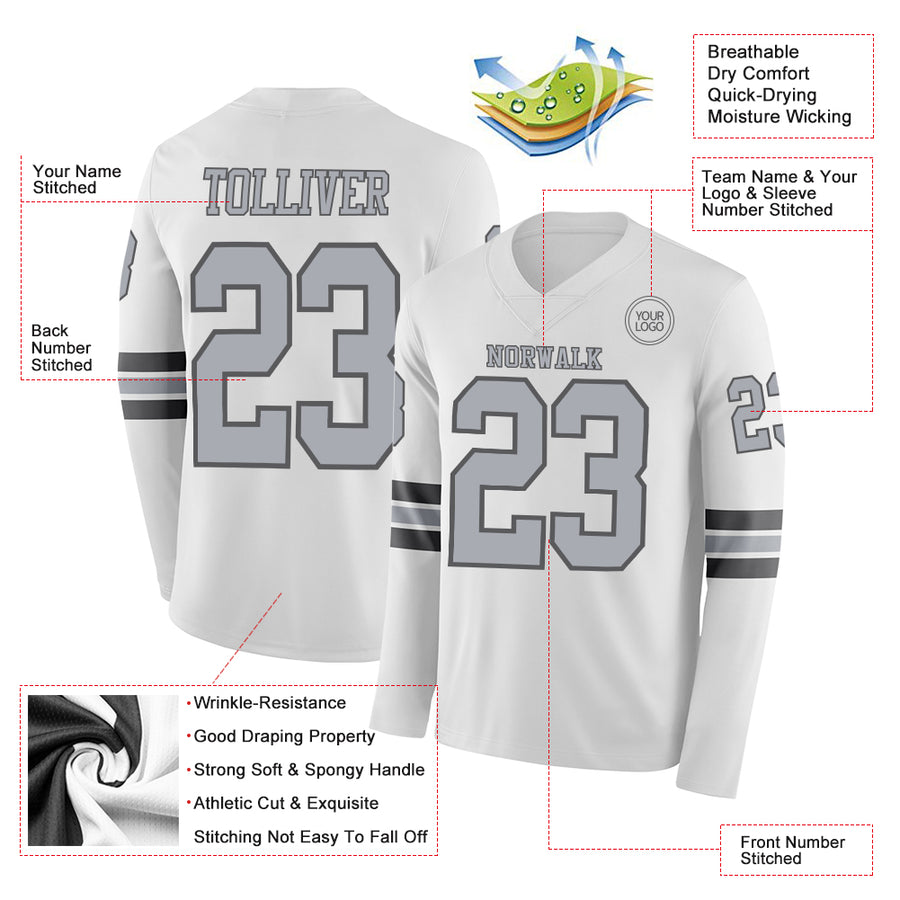 Custom White Gray-Steel Gray Long Sleeve Authentic Football Jersey