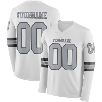 Custom White Gray-Steel Gray Long Sleeve Authentic Football Jersey