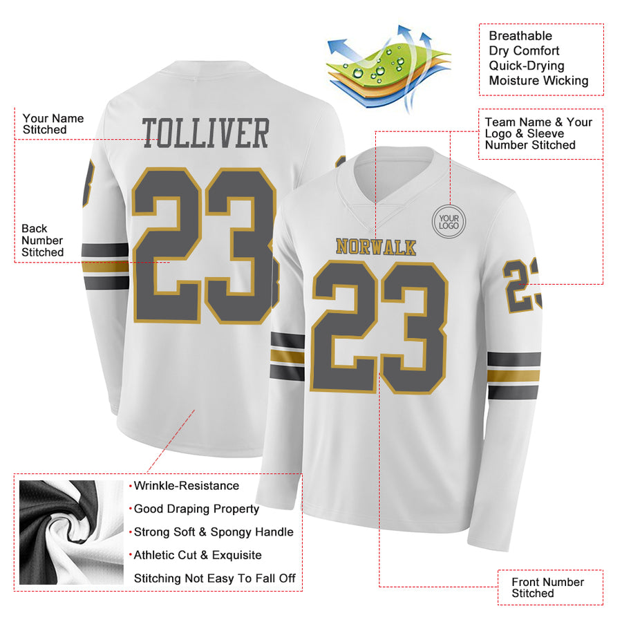 Custom White Steel Gray-Old Gold Long Sleeve Authentic Football Jersey