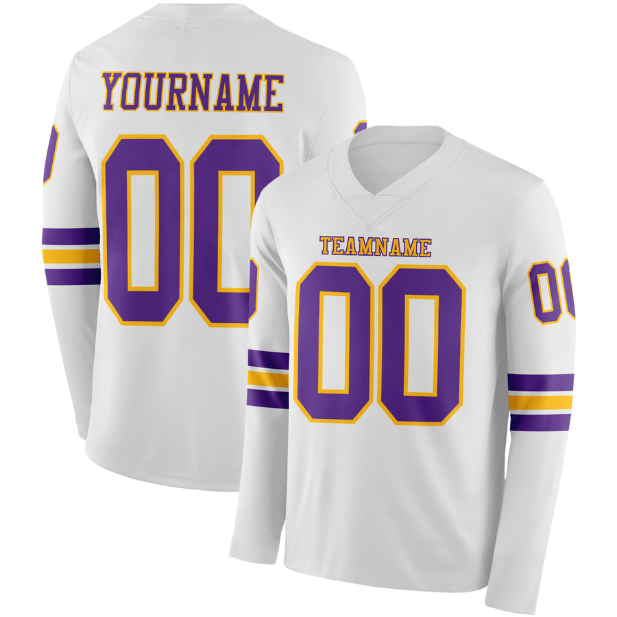Custom White Purple-Gold Long Sleeve Authentic Football Jersey
