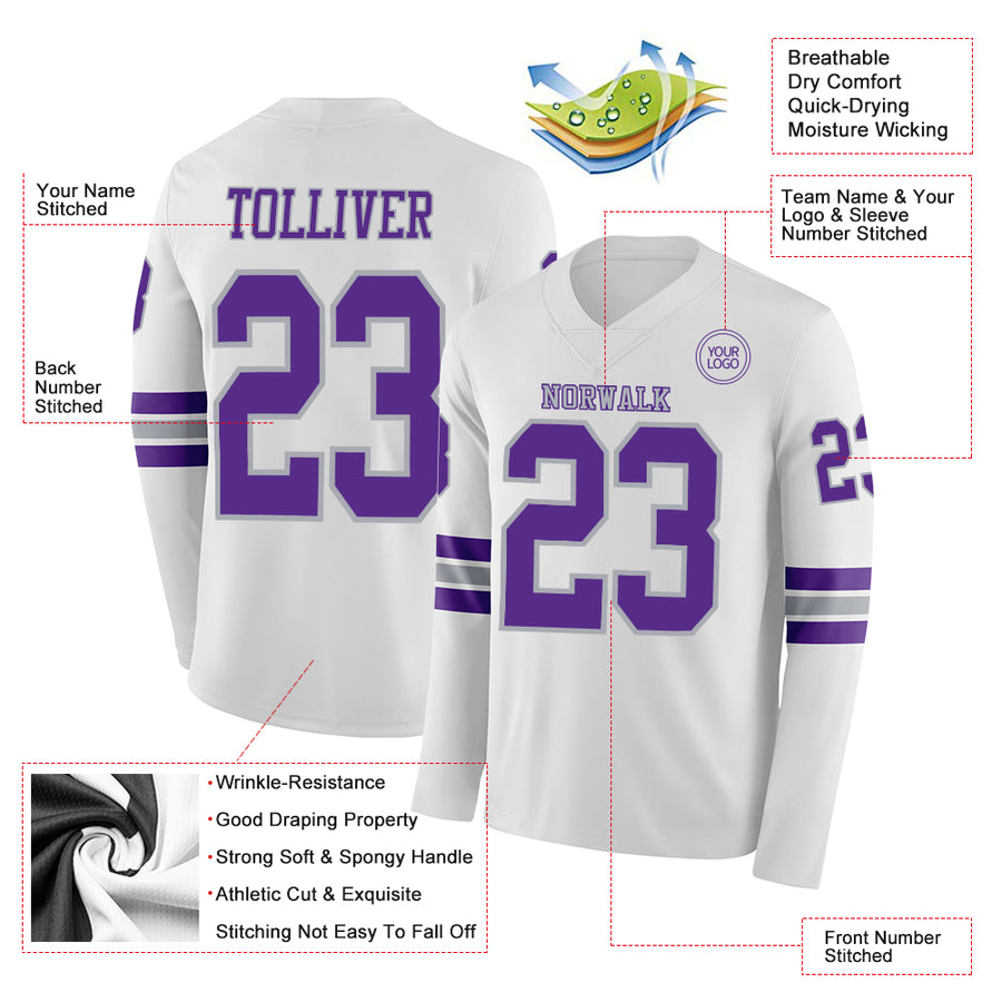 Custom White Purple-Gray Long Sleeve Authentic Football Jersey