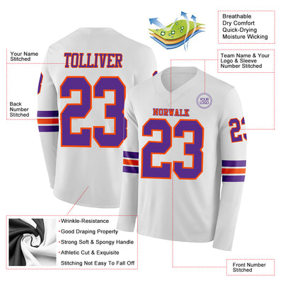 Custom White Purple-Orange Long Sleeve Authentic Football Jersey