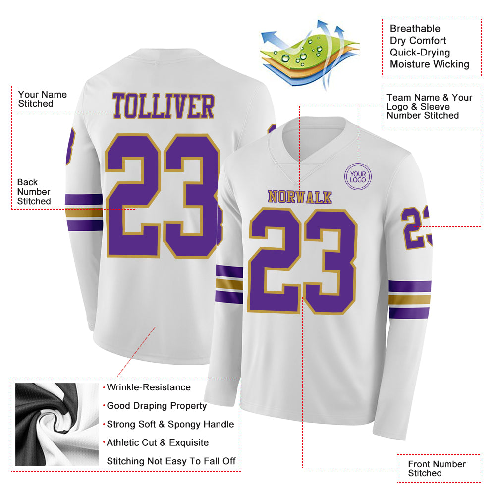 Custom White Purple-Old Gold Long Sleeve Authentic Football Jersey