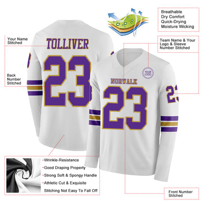 Custom White Purple-Old Gold Long Sleeve Authentic Football Jersey