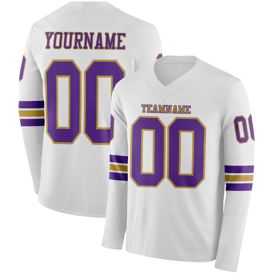Custom White Purple-Old Gold Long Sleeve Authentic Football Jersey