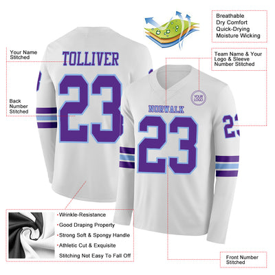 Custom White Purple-Light Blue Long Sleeve Authentic Football Jersey