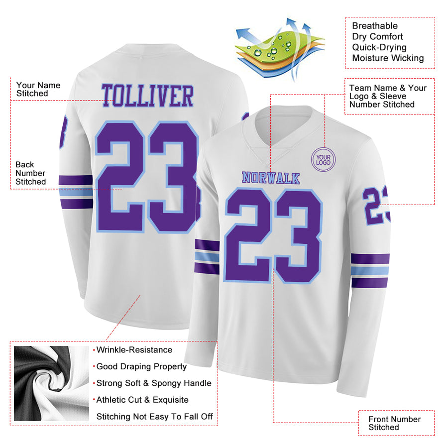 Custom White Purple-Light Blue Long Sleeve Authentic Football Jersey