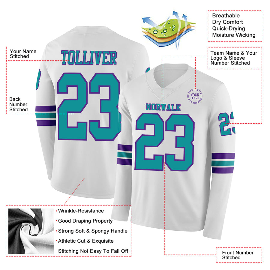 Custom White Teal-Purple Long Sleeve Authentic Football Jersey