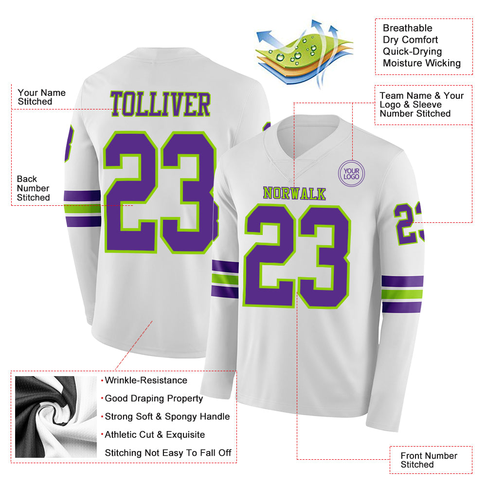 Custom White Purple-Neon Green Long Sleeve Authentic Football Jersey