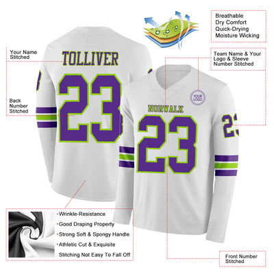 Custom White Purple-Neon Green Long Sleeve Authentic Football Jersey