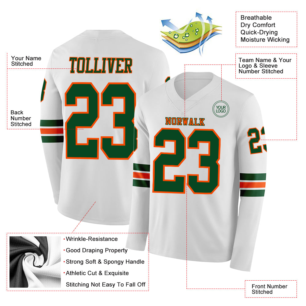 Custom White Green-Orange Long Sleeve Authentic Football Jersey