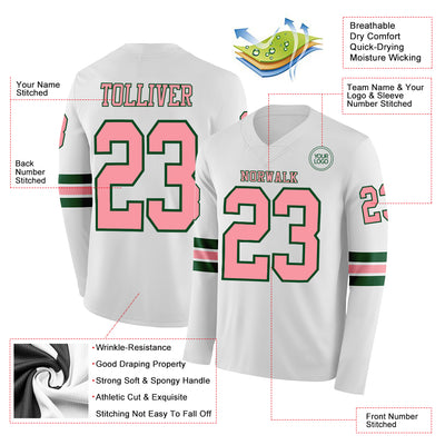 Custom White Medium Pink-Green Long Sleeve Authentic Football Jersey