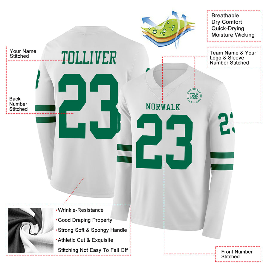 Custom White Kelly Green Long Sleeve Authentic Football Jersey