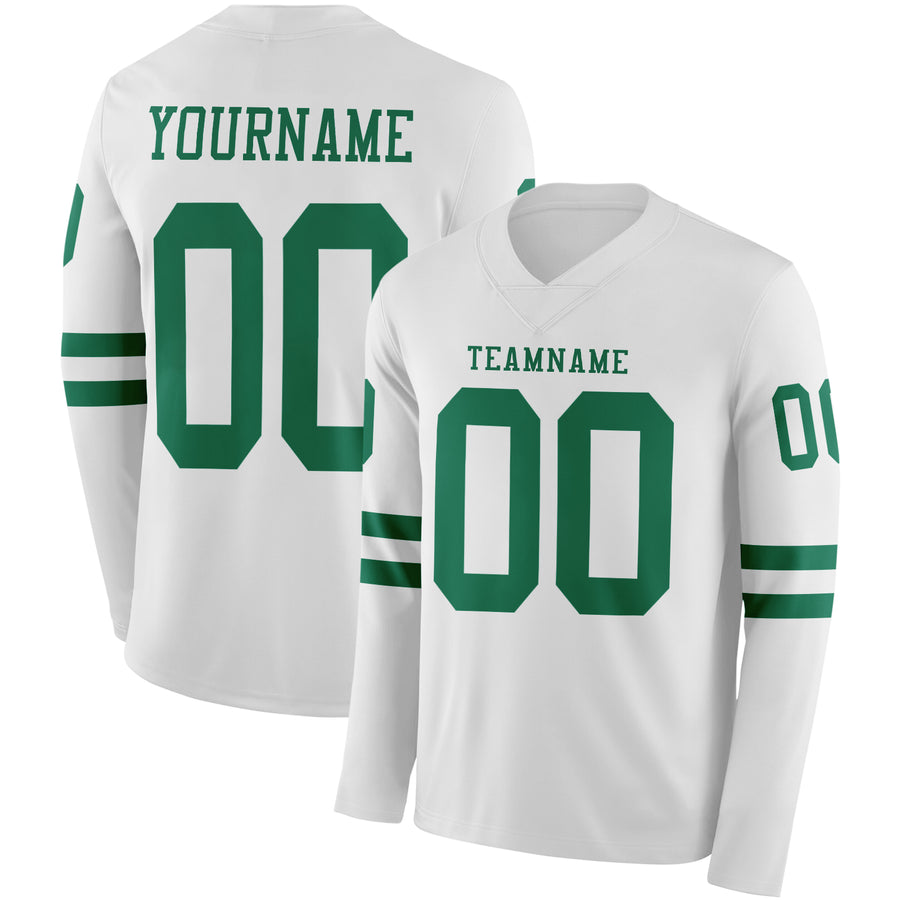 Custom White Kelly Green Long Sleeve Authentic Football Jersey
