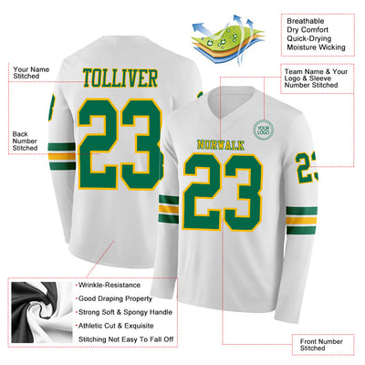 Custom White Kelly Green-Gold Long Sleeve Authentic Football Jersey