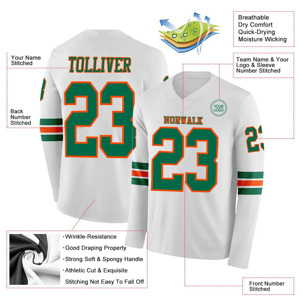 Custom White Kelly Green-Orange Long Sleeve Authentic Football Jersey