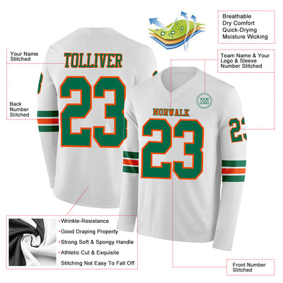 Custom White Kelly Green-Orange Long Sleeve Authentic Football Jersey
