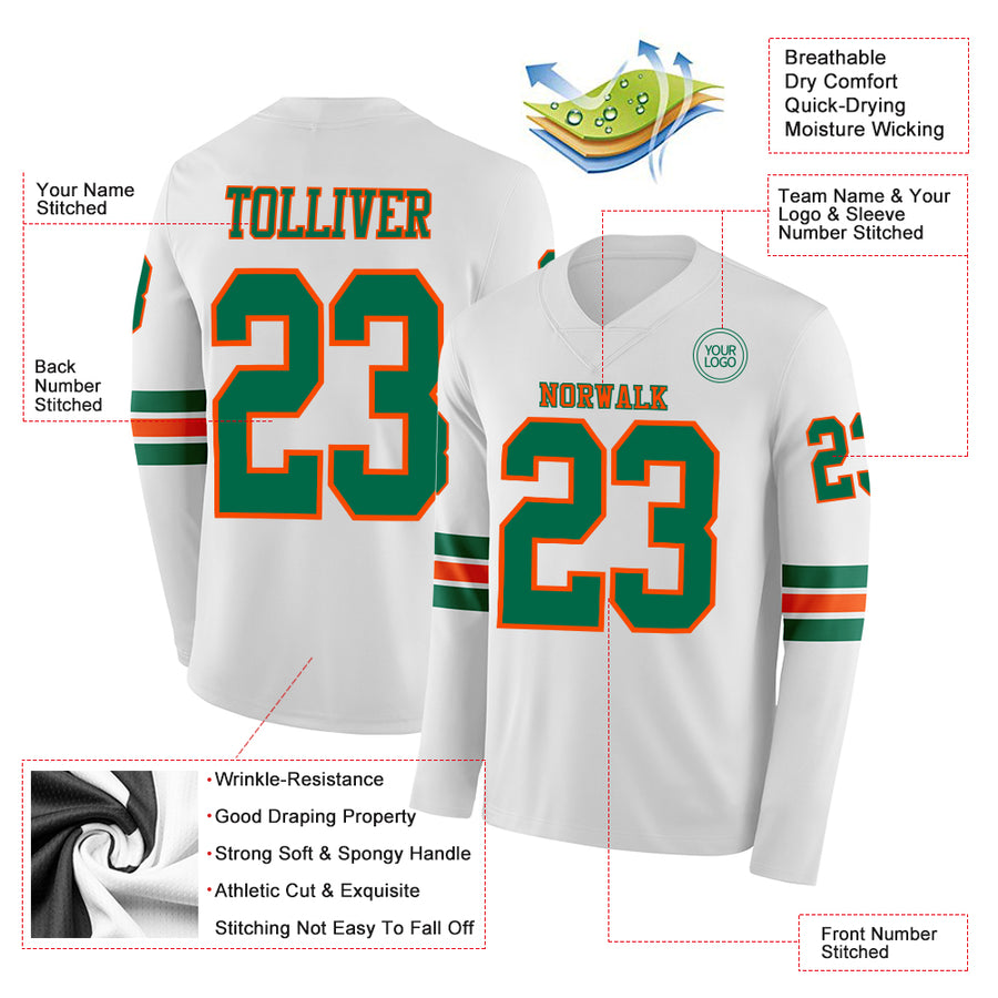 Custom White Kelly Green-Orange Long Sleeve Authentic Football Jersey