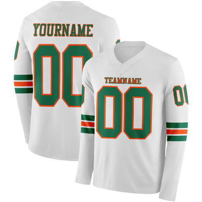 Custom White Kelly Green-Orange Long Sleeve Authentic Football Jersey