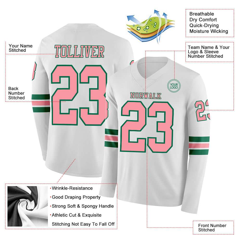 Custom White Medium Pink-Kelly Green Long Sleeve Authentic Football Jersey