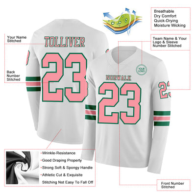 Custom White Medium Pink-Kelly Green Long Sleeve Authentic Football Jersey