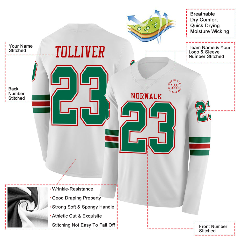 Custom White Kelly Green-Red Long Sleeve Authentic Football Jersey
