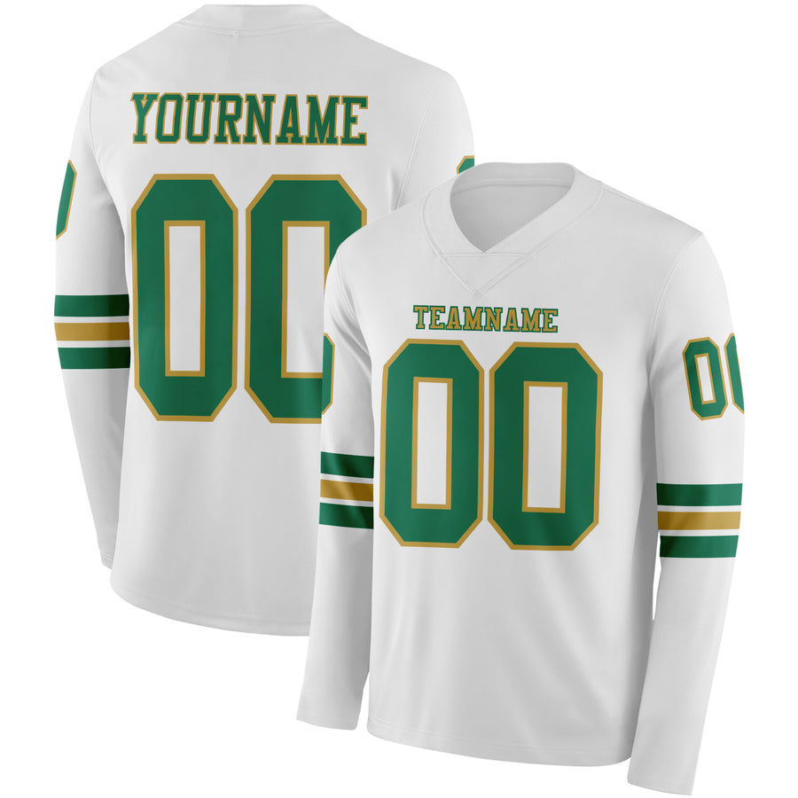Custom White Kelly Green-Old Gold Long Sleeve Authentic Football Jersey