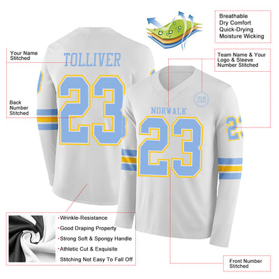 Custom White Light Blue-Yellow Long Sleeve Authentic Football Jersey