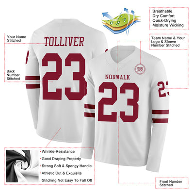 Custom White Crimson Long Sleeve Authentic Football Jersey