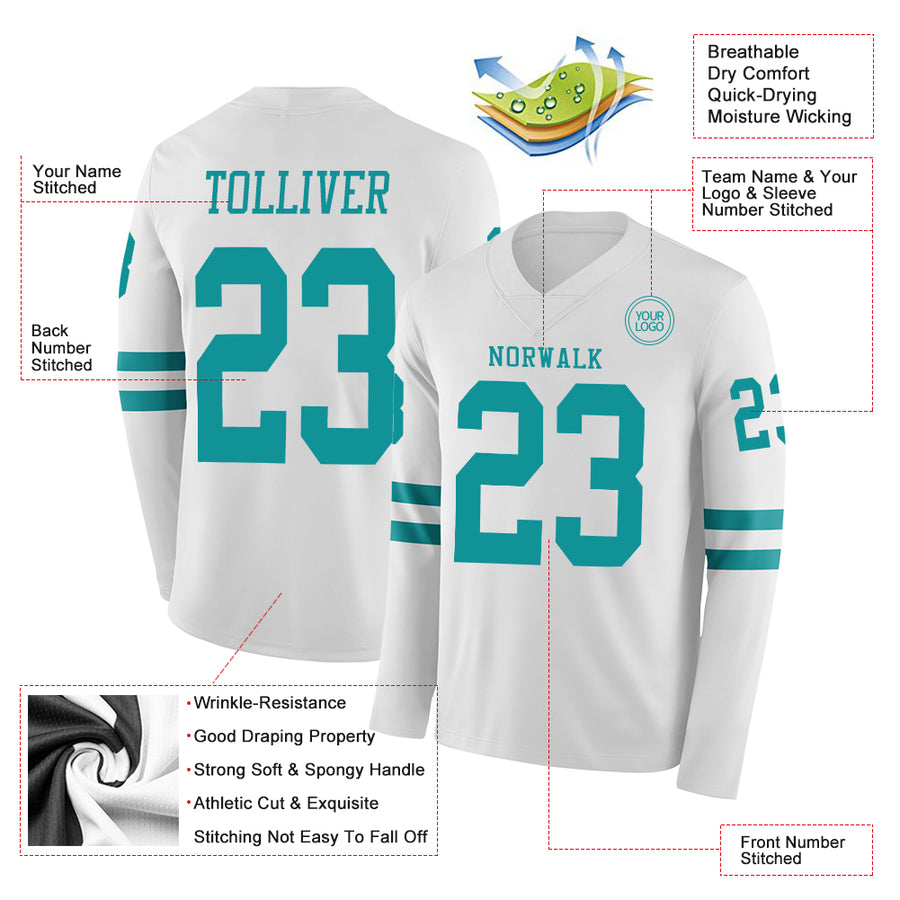 Custom White Teal Long Sleeve Authentic Football Jersey