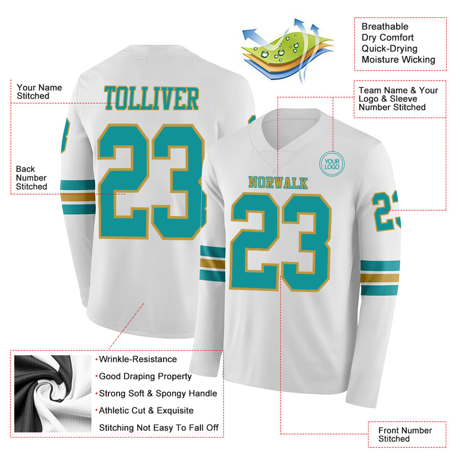 Custom White Teal-Old Gold Long Sleeve Authentic Football Jersey