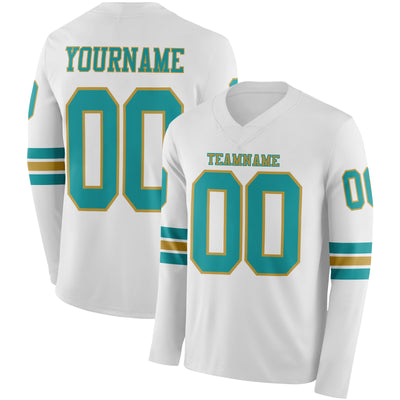 Custom White Teal-Old Gold Long Sleeve Authentic Football Jersey