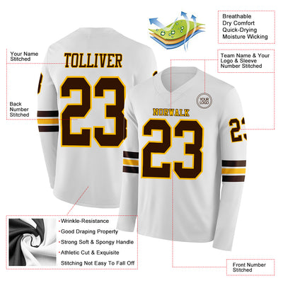 Custom White Brown-Gold Long Sleeve Authentic Football Jersey